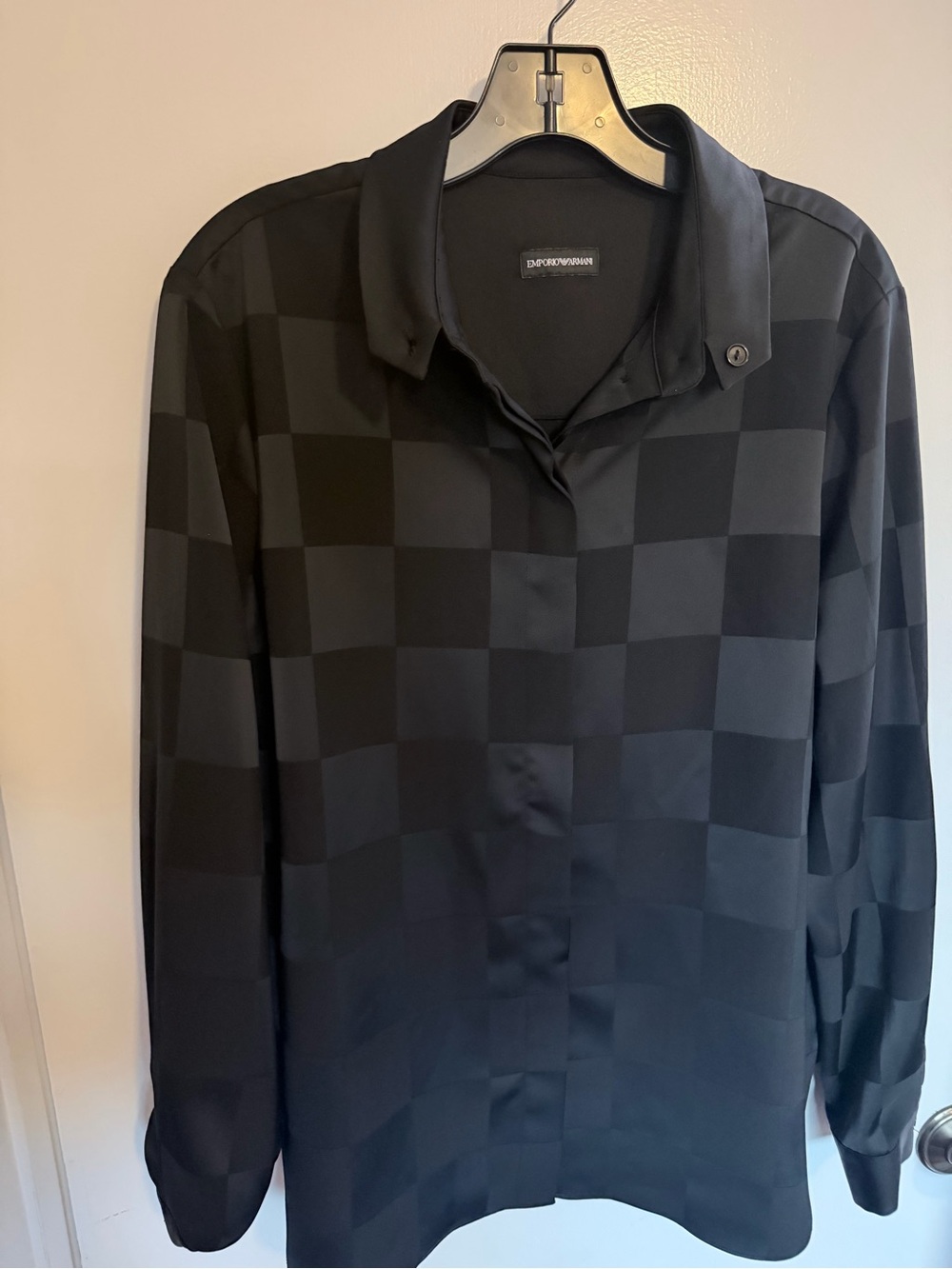 Emporio Armani Black Satin-Check Long Sleeve Dress Shirt
